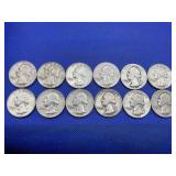 LOT OF 12 ASSORTED DATE SILVER QUARTERS