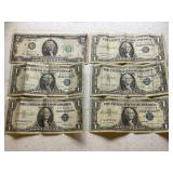 LOT OF 5 $1 SILVER CERTIFICATES & 1976 $2 FEDERAL