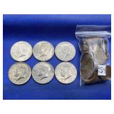LOT OF 6 KENNEDY HALF DOLLARS & 54 WHEAT CENTS