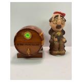 WOOD BARREL KEG & CERAMIC GRANDPA BANKS