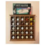 GOLF BALL DISPLAY CABINET WITH 25 GOLF BALLS &