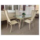 GLASS TOP PATIO TABLE WITH 4 CHAIRS, SWIVEL CHAIR