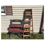 2 WOODEN STEP LADDERS, PLASTIC SAWHORSE, PORTABLE
