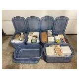 6 PLASTIC STORAGE TOTES FULL OF CHRISTMAS DECOR