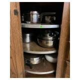 CONTENTS OF LAZY SUSAN IN KITCHEN - POTS AND PANS,