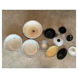 LOT OF ENMELWARE BOWLS AND VINTAGE STRAINER
