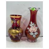 RUBY RED HAND PAINTED RUFFLED VASE 4 3/4' AND RUBY