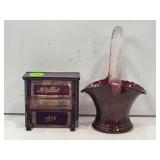 RUBY RED GLASS COIN BANK DATED 1914 AND A RUBY RED