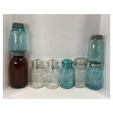 LOT OF 8 MULTI-COLORED BALL JARS WITH LIDS; BLUE,