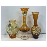 LOT OF 3 BOHEMIA HAND PAINTED, GOLD GILTED