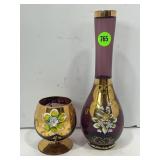 PURPLE BOHEMIAN STYLE HAND PAINTED VASE AND