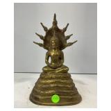 BRASS BUDDHA SEATED UNDER SERPENT KING SCULPTURE -
