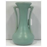 MCCOY AQUA BLUE TWO HANDLED POTTERY VASE - 9 1/4'