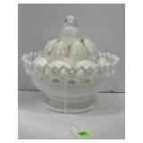 ATTERBURY CHICK ON NEST OF EGGS MILK GLASS COVERED