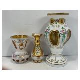 LOT OF 3 BOHEMIAN WHITE OVER AMBER HAND PAINTED