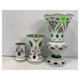 SET OF 3 BOHEMIAN WHITE OVER GREEN HAND PAINTED