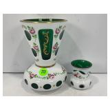 SET OF 2 BOHEMIAN WHITE OVER EMERALD GREEN HAND