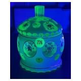 BOHEMIAN URANIUM GLASS WHITE OVER GREEN LIDDED