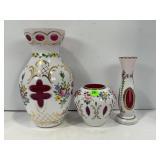 SET OF 3 BOHEMIAN WHITE OVER CRANBERRY RED HAND