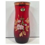 BOHEMIAN HAND PAINTED RUBY RED GOLD GUILDED VASE -