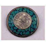 MEXICAN STERLING SILVER TURQUOISE INLAY BROOCH