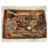 VINTAGE WOOD HANDLED KITCHEN UTENSILS & GLASS