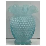 FENTON OPALESCENT BLUE HOBNAIL RUFFLED TOP VASE -