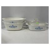 A LOT OF 3 CORNING WARE CASSEROLE DISHES IN A