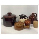 LOT OF 6 STONEWARE BEAN CROCKS, PITCHERS, WHISKEY