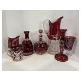 7 PIECES OF RUBY RED CUT TO CLEAR PITCHERS, WINE