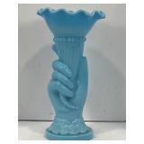 FRENCH BLUE OPALINE HAND WITH CORNUCOPIA VASE -