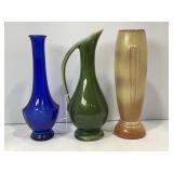 LOT OF 3 POTTERY & GLASS VASES - 8" - 9" TALL
