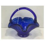 FENTON COBALT BLUE RUFFLED GLASS BASKET - 5' X 6'