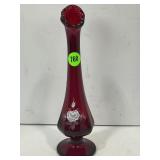FENTON RUBY RED SWUNG BUD VASE. HAND PAINTED RED