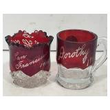 RUBY FLASH SOUVENIR GLASS MUGS. DOROTHY 1943 AND