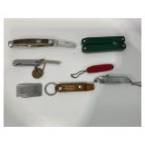 LOT OF 7 KEYCHAIN POCKET KNIVES, MULTI PLIERS,