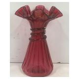 FENTON CRANBERRY GLASS RUFFLED VASE - 7 1/4' TALL