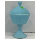 FENTON BLUE SATIN LIDDED CANDY DISH - 9' TALL