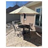 WROUGHT IRON PATIO TABLE WITH 4 CHAIRS & UMBRELLA
