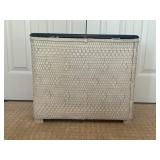 VINTAGE WHITE WICKER CLOTHES HAMPER WITH WOOD TOP-