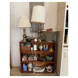 CONTENTS OF BOOK SHELF, LAMPS, FIGURINES,