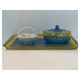 VINTAGE VANITY SET BLUE ETCHED GLASS AND GLASS