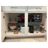 CONTENTS OF BASE CABINET BESIDE REFRIGERATOR