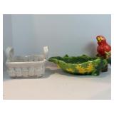 CERAMIC WOVEN BASKET AND CERAMIC PARROT WITH