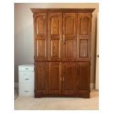 TWO PIECE OAK OFFICE CABINET/DESK AND METAL FILE