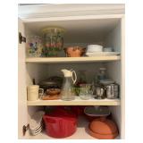 CONTENTS OF TALL CABINET; HAND PAINTED VASES,