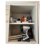 CONTENTS OF SHELF; SPOT LIGHT LAMP, OLD BALL HATS