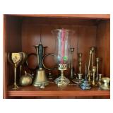 LARGE LOT OF BRASS CANDLE HOLDERS, BELLS & MORE