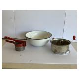 ENAMELWARE BOWL WITH RED HANDLED FOOD MILL AND