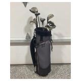 GOLF BAG WITH ASSORTED WOODS & IRONS - DUNLOP,